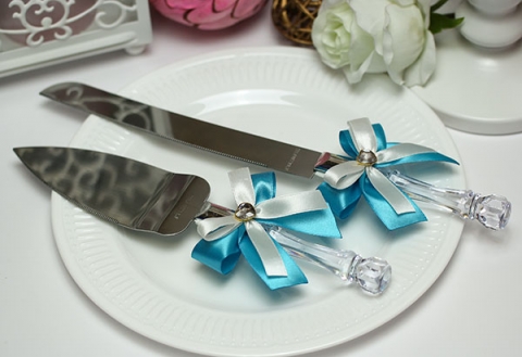 приборы для свадебного торта голубые фото