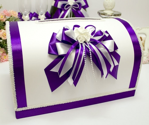 бело-фиолетовая коробка для денег на свадьбу купить
