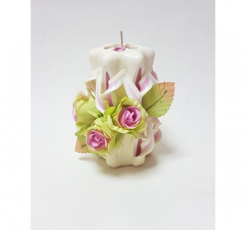 свеча бело-салатавая с розовыми цветами фото