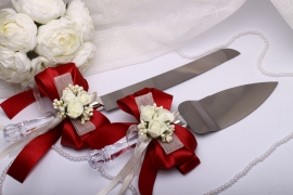 нож и лопатка для свадебного торта бордовые 