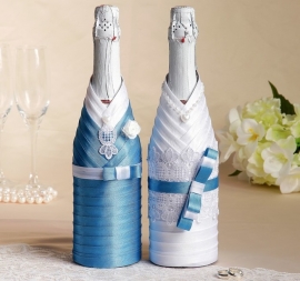 Синие чехлы на свадебное шампанское Жених и Невеста 2 шт &quot; Шик&quot; голубые 004140