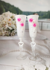 Свадебные бокалы белые с розовыми розами  &quot;День свадьбы&quot; 2 шт. 23см 000247
