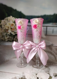 Свадебные бокалы розовые &quot;Три розы&quot; с бантами 2 шт. 23см. 200580