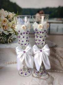 Свадебные бокалы с фиолетовыми стразами &quot; Любовь&quot; ручная работа 2шт. 23см 000842