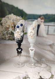 Свадебные бокалы &quot;Свадебный букет&quot;  Женихи Невеста синий-айвори 300115