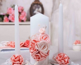 Свадебные свечи персиковые &quot;Лира&quot; с цветами ручной работы 001090