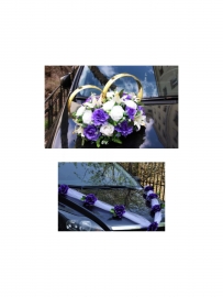 Свадебный комплект на машину бело-фиолетовый: кольца, лента 300762