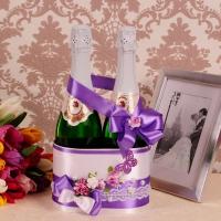 Украшение  для свадебного шампанского- корзиночка сиренево-фиолетовая &quot;Цветочная&quot; 100172